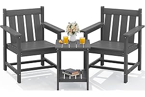 SERWALL 3 Pieces Patio Bistro Set, All Weather Adirondack Chair Set with Side Table, HDPE Material Outdoor Patio Furniture Set for Balcony, Porch, Garden, Backyard- Gray