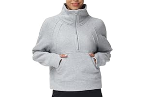 THE GYM PEOPLE Womens' Half Zip Pullover Fleece Stand Collar Crop Sweatshirt with Pockets Thumb Hole