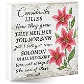 Consider The Lilies Inspirational Jesus Christian Home Decor Religious Bible Verse Wooden Blessed Sign for Shelf Bedroom Kitchen Church Motivational Gifts For Christians Women Men Pastor