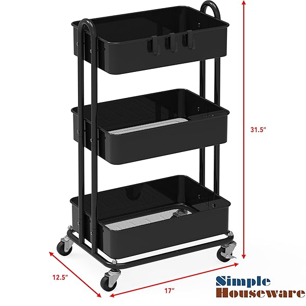 SIMPLE HOUSEWARE 3-TIER HEAVY DUTY METAL UTILITY ROLLING CART, BLACK