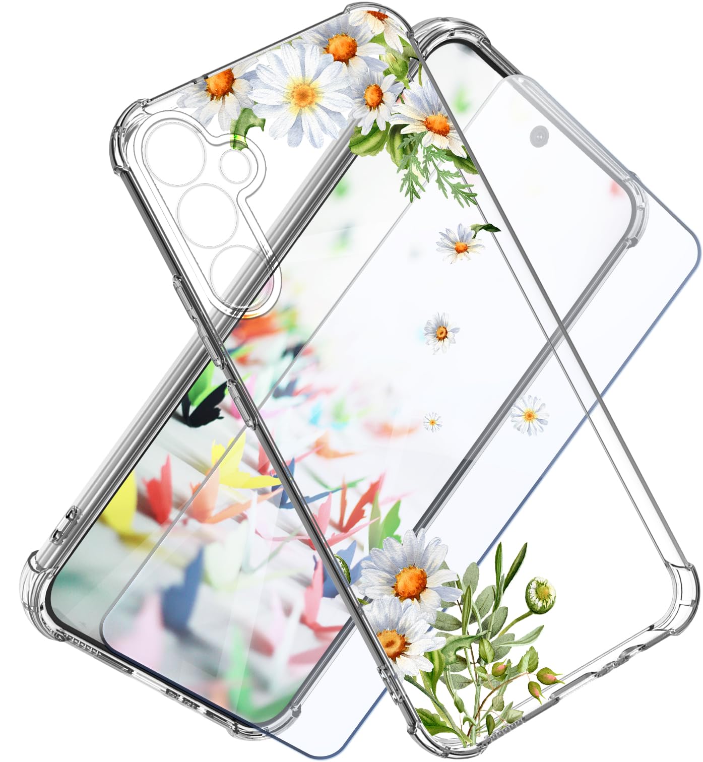 Dcwunk for Samsung Galaxy A54 5G Case with Screen Protector+Camera Lens Protector,Soft Shockproof Clear Floral Phone Protective Cover for Women,Flower Pattern Design 6.4"