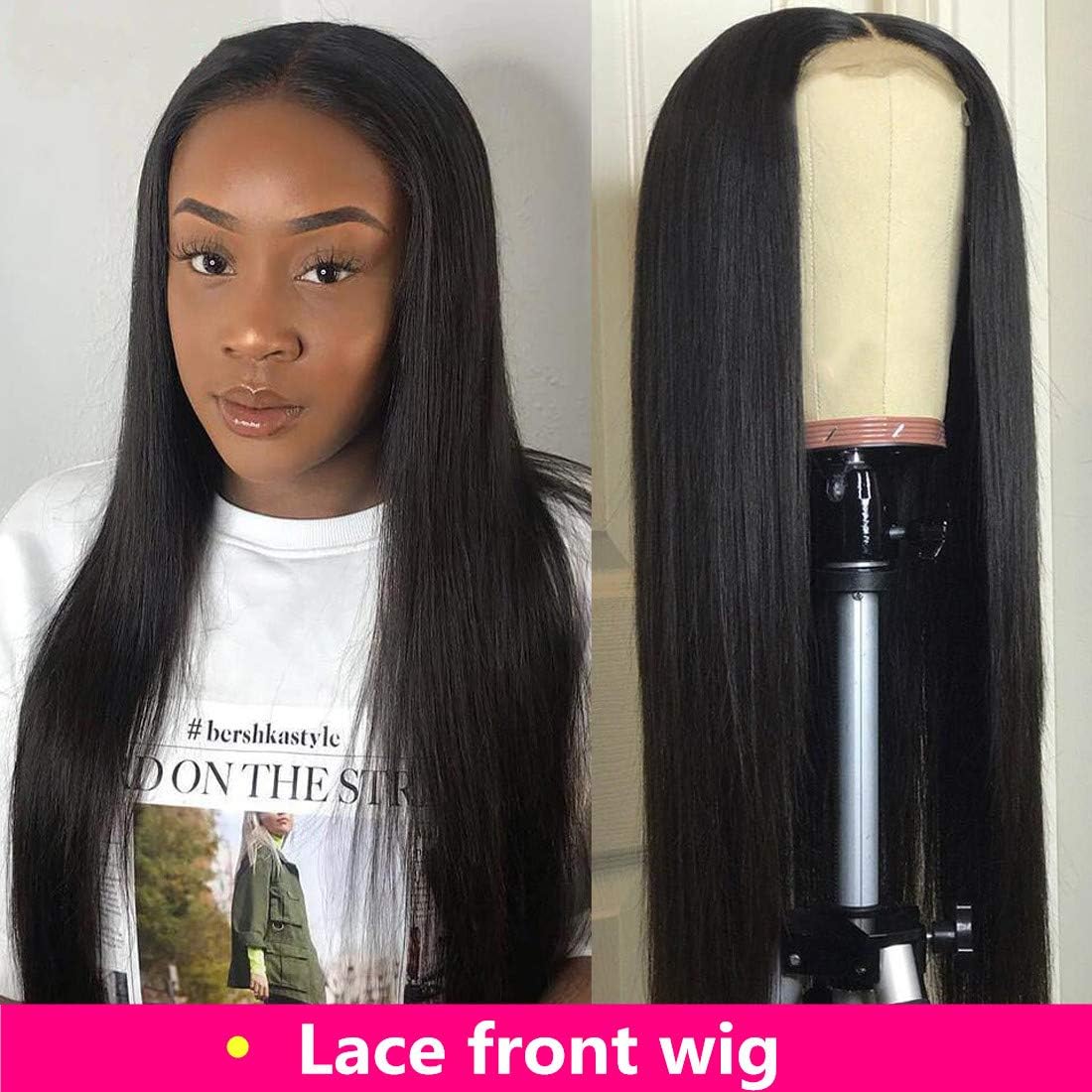 Brazilian Straight Lace Front Wigs Human Hair with Baby Hair Glueless Lace Front Human Hair Wigs Pre Plucked 150% Density Natural Black for black women(16inch)