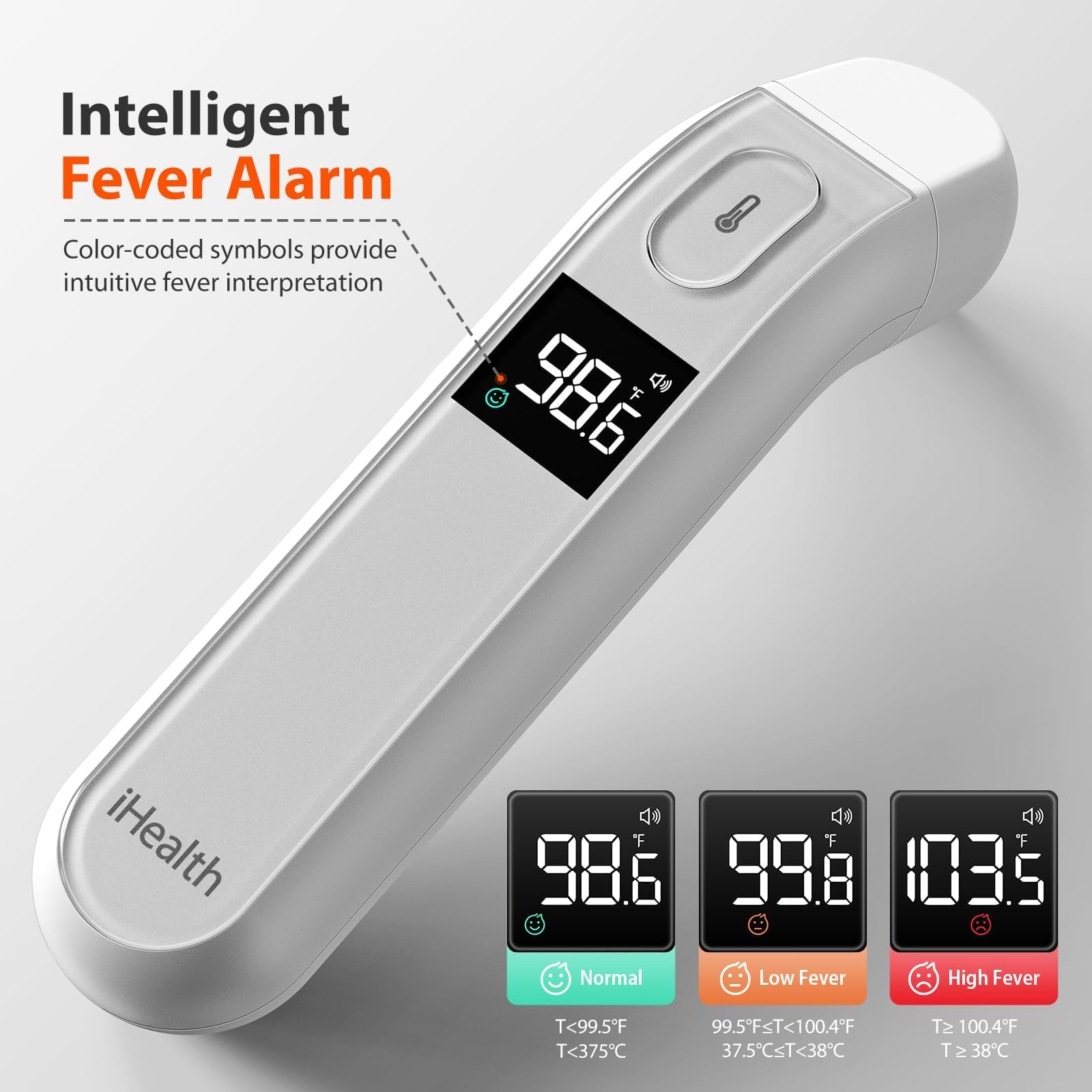 iHealth Digital Thermometer for Adults and Kids - Infrared Forehead Thermometer with Color Fever Indicator - Touchless, Fast, Accurate Results in 1 Second - Silent Mode, Easy-to-use for Home - PT2L