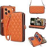 Rssviss Crossbody Case for iPhone 17 Pro Case Wallet, RFID Blocking Leather with Card Holder Kickstand, Handbag Zipper Flip Cover with Wrist Strap for iPhone 17 Pro Men Women 6.3", Orange