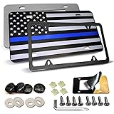 Aootf American Flag License Plate -USA Thin Blue Line Flag Matte Black Aluminum Front Plate, Carbon Fiber License Plate Frame