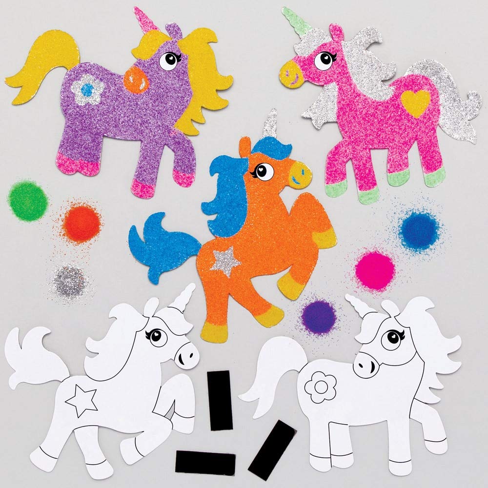 Baker Ross AT724 Unicorn Sand Art Magnet Kits, for Kids Arts and Crafts Projects (Pack of 6), Assorted, Blue,Green,Orange,Pink,Purple