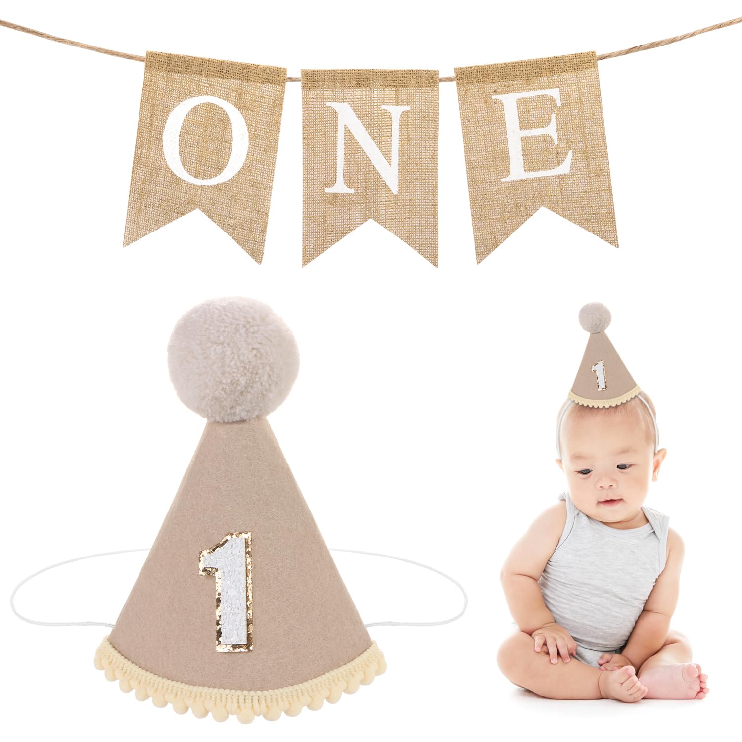 1st Birthday Hat and One Banner Set ,UHOMENY Birthday Crown Flag for 1 Year Old Baby Boy Girl 1st Party Decoration