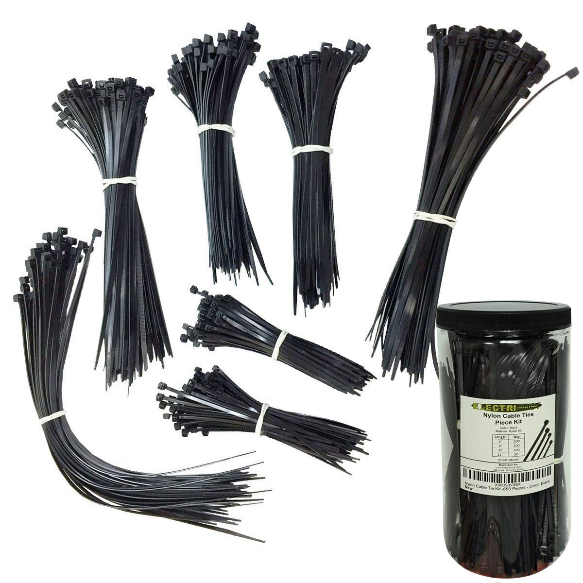 Electriduct Nylon Cable Tie Kit -650 Pieces - Color: Black