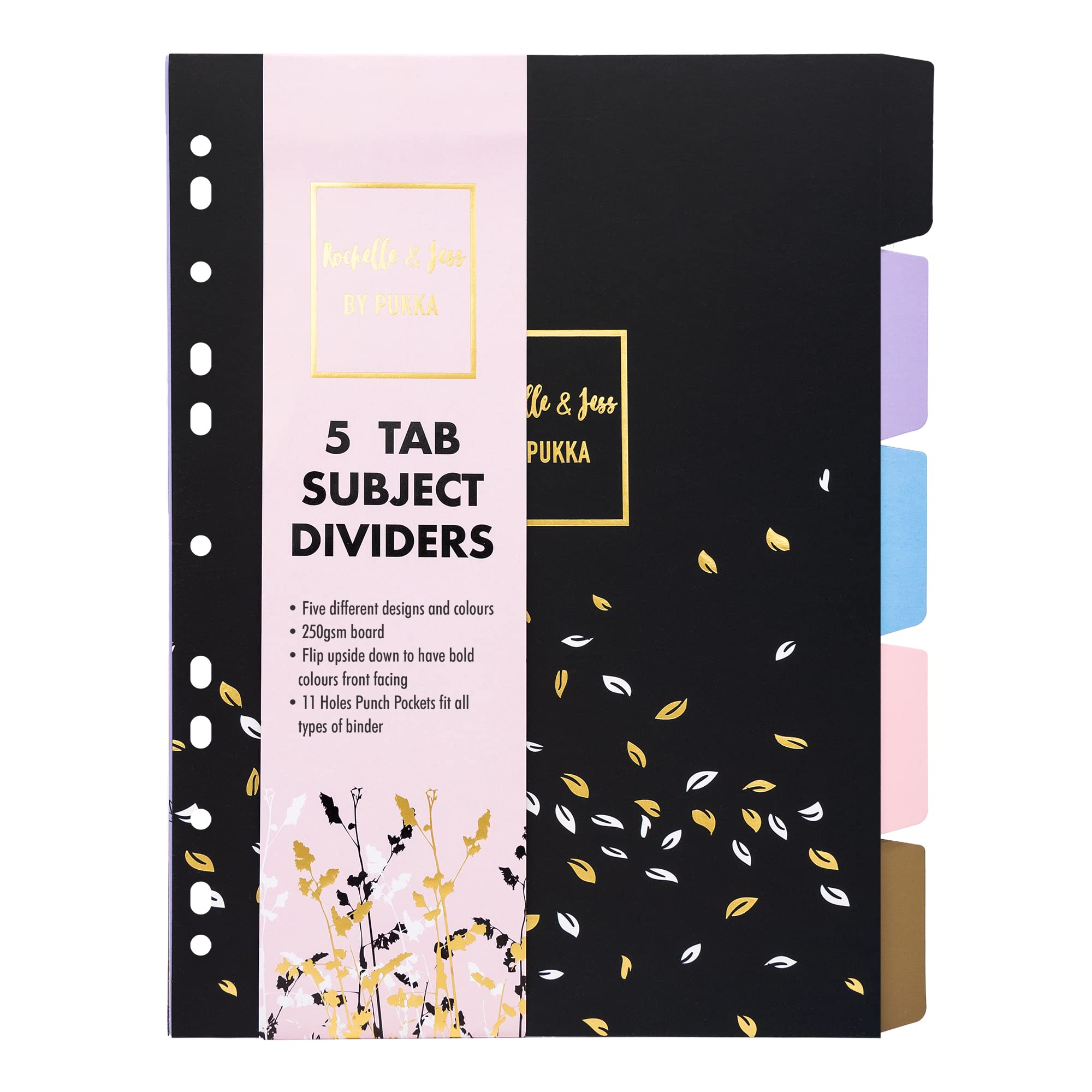 Pukka Pad, Rochelle & Jess A4 5-Part Divider Set – 5 Reversible Subject Dividers with Gorgeous Designs and Bright Colours on Reverse – 11-Hole Punch Design on 250GSM Board - 5 Sets