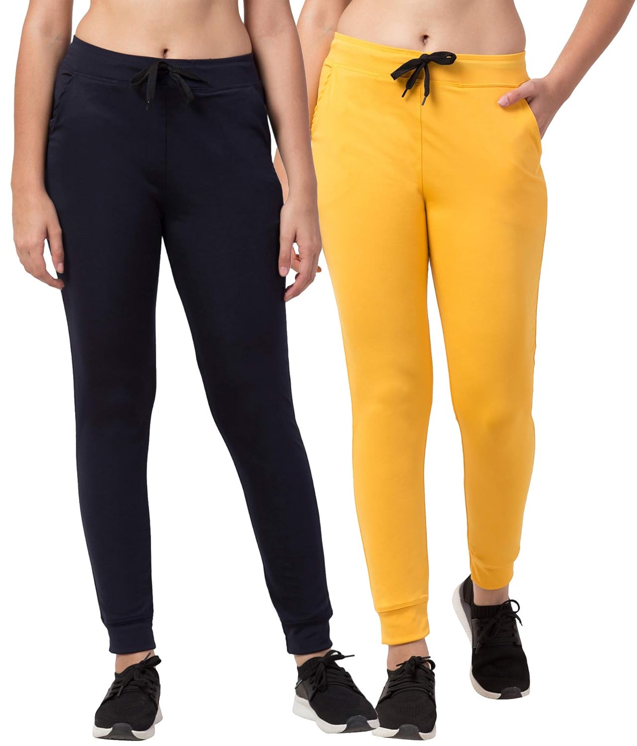 navy blue and yellow track pants