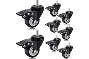 Aurelema Set of 8 M8 Caster Wheels 2 Inch M8 x 15 mm Swivel Threaded Stem Caster Locking Standing Desk Wheels Heavy Duty 360° Polyurethane with Dual Brake, No Noise, 400 lb for Cart Desk Furniture