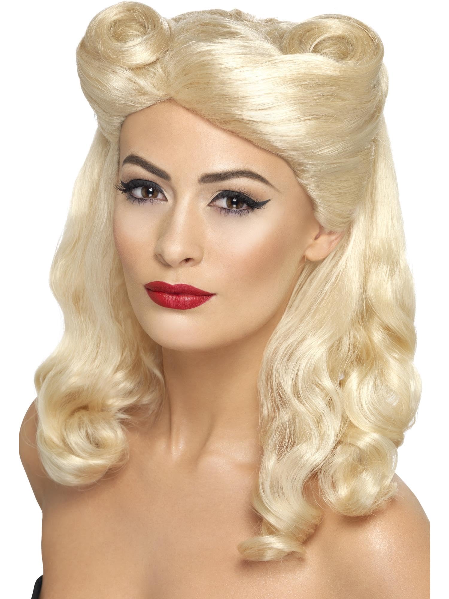Smiffys 40s Pin Up Wig, Blonde with Victory Rolls, 1940's Wartime Fancy Dress, 1940s Dress Up Wigs Halloween
