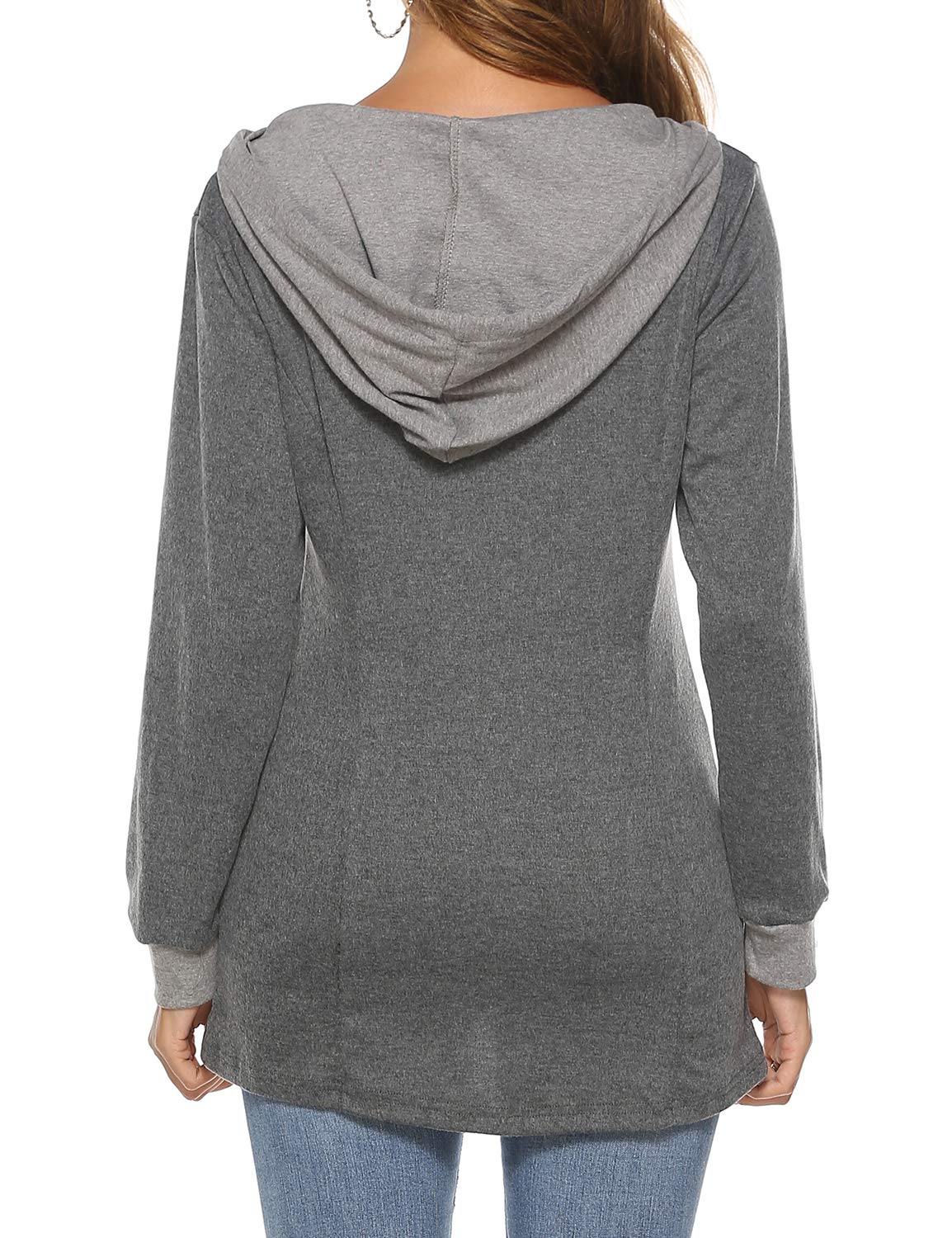Loose Fitting Long Sleeve Fall Winter Hooded Sweatshirt for Women Color Block Drawstring Tunic Blouse Tops(Grey,XXL)
