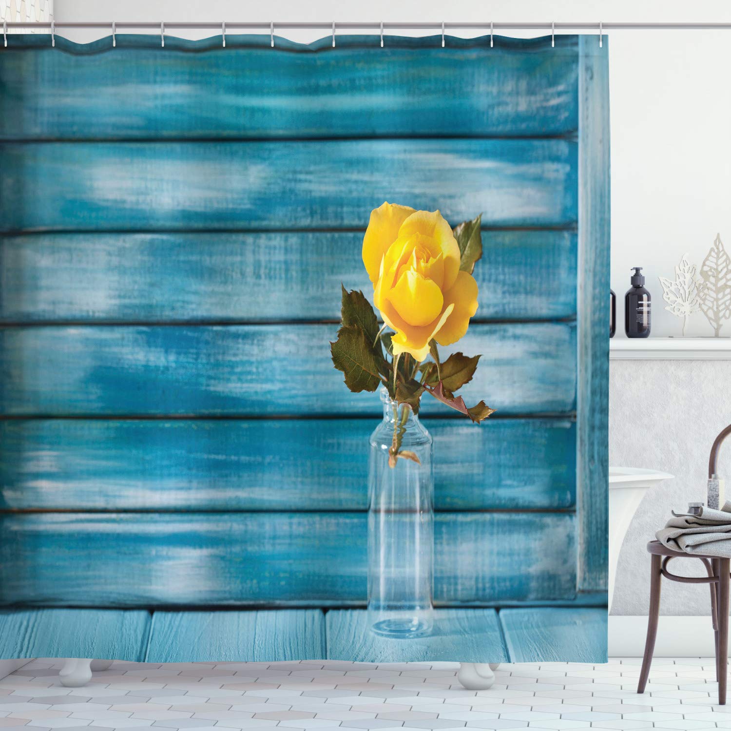 ABAKUHAUS Rose Shower Curtain, Realistic Illustration of a Blooming Yellow Rose in a Clear Vase, Cloth Fabric Bathroom Decor Set with Hooks, 78 Inches, Petrol Blue Yellow