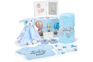 Croknit 8Pcs Newborn Baby Gift Set for Baby Shower Party Gift Basket with Baby Jumpsuit Baby Blanket Baby Footprint Kit Suitcase Keepsake Box for Gender Reveal Pregnancy New Parents(Blue Color, Boy)