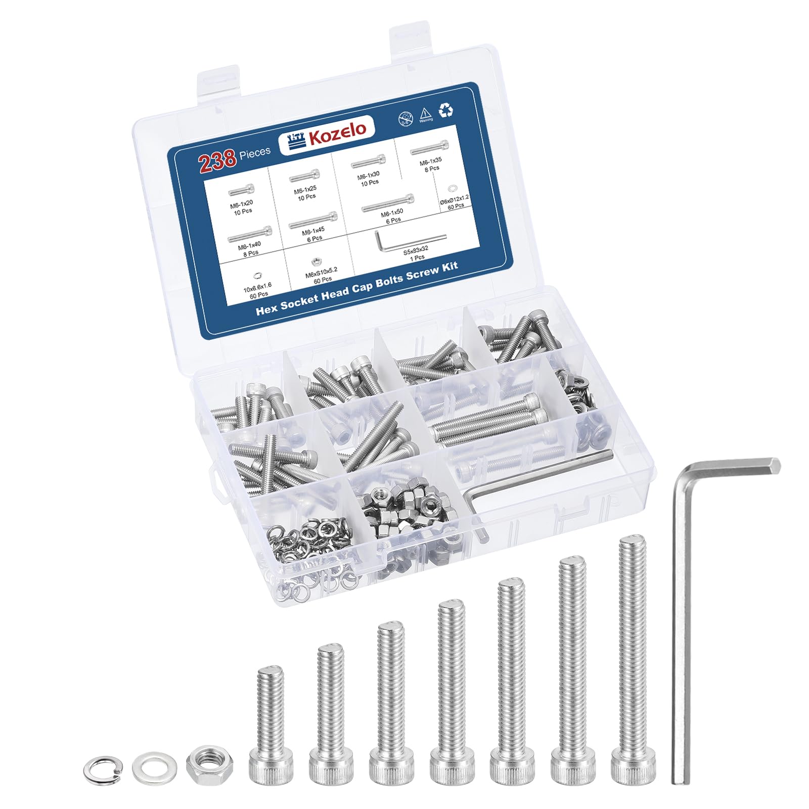 Kozelo 238pcs M6 Socket Head Cap Screws Bolts Nuts Assortment Kit - [M6x20/25/30/35/40/45/50mm] 304 Stainless Steel Allen Socket Drive for 3D Printer with Allen Wrench