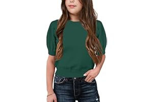 MACNOORA Girls Puff Short Sleeve Sweaters Crewneck Knit Pullover Jumper Kids Solid Color Blouse Tops