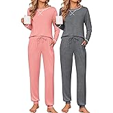 Ekouaer 2 Pack Pajama Sets for Womens Jogger Pants Pjs Long Sleeves Lounge Set Soft Sleepwear with Pockets