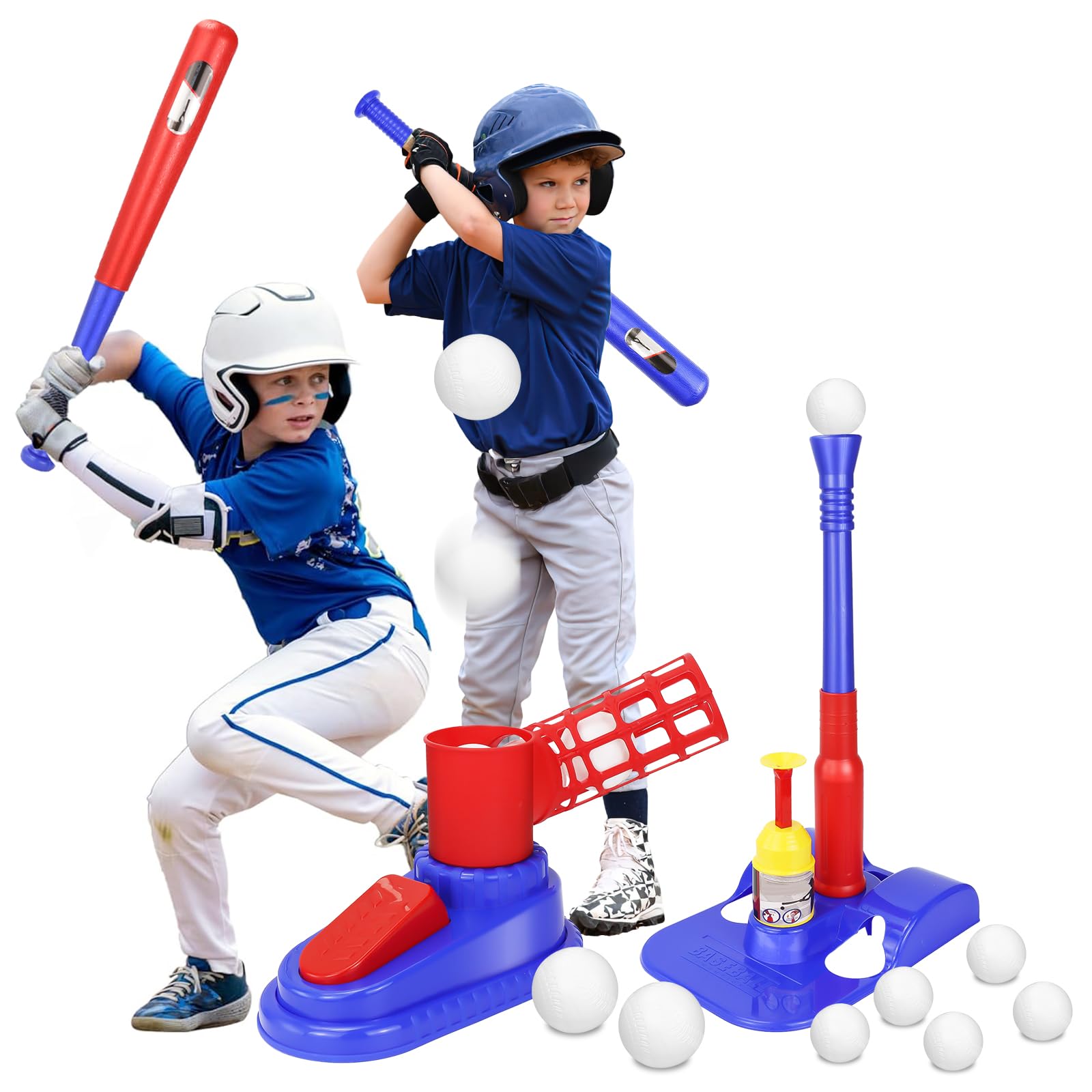 2 in 1 T Ball Sets, Tee Ball Set with 10 Balls, Step on Pitching Machine, Teeball Batting Tee, Baseball Sets Outdoor/Indoor Sport Gift Sets