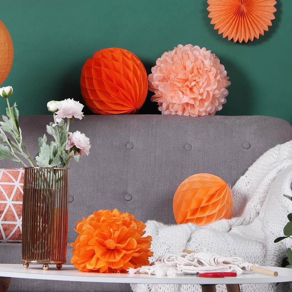 EASY JOY Orange Paper Fans Party Decorations Tissue Paper Pom Poms Paper Fans Paper Lanterns Paper Honeycomb Balls Orange for Spring Birthday Wedding Party Hanging Paper Decorations - Image 3
