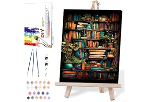 MIRCVSH Bookshelf Paint by Numbers for Adults with Framed Canvas-with Wooden Easel,Paint by Numbers Kits Framed Canvas,DIY Acrylic Oil Painting Kits with Brushes Nice Gift Box for Home Wall Decor(12x16 Inch)