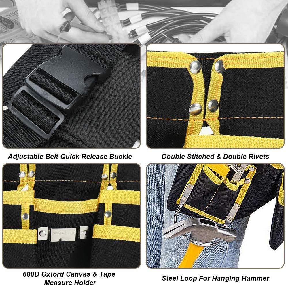 11 Pocket Tools Belt Bags with Hammer Holder, Adjustable Waist Bag Multipurpose Utility Tool Pouch with Pockets for Tools, Yellow - - 
