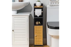 AOJEZOR Toilet Paper Holder Stand, Small Bathroom Storage Cabint (30''H (pro Rod), Black/Bamboo)