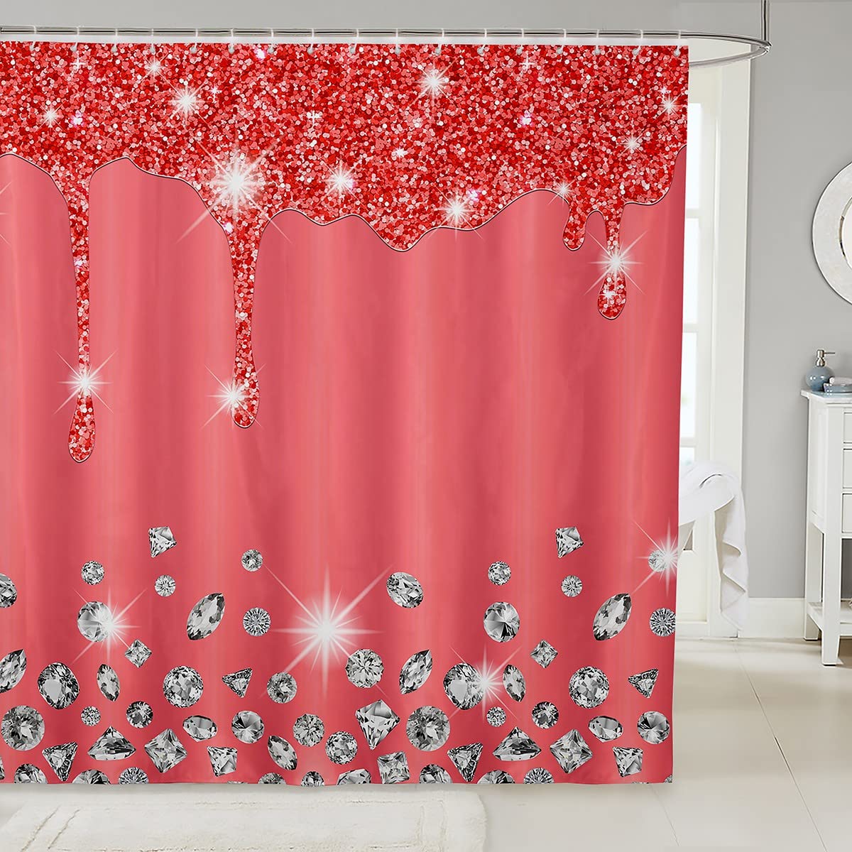 Loussiesd Silver Glitter Shower Curtain (No Glitter) Bling Partyations Red Bathroom Fabric for Diamond and Jewelry Bath Curtain Waterproof Curtains Stalls Bathtubs 59x71 Inch — image 1