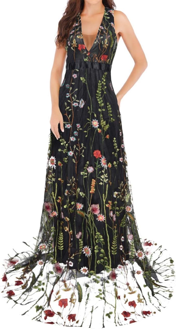 Women's Long 3D Flower Prom Party Dress Floral Embroidery Backless A