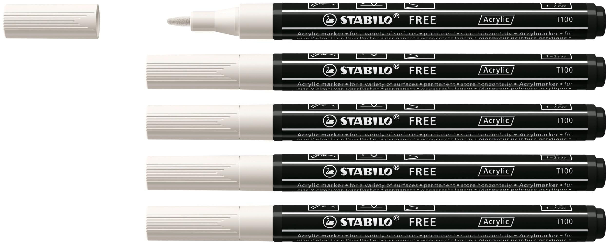 STABILO FREE - Acrylic Marker - ARTY - T100 Round Tip 1-2mm - Pack of 5 - Pure White
