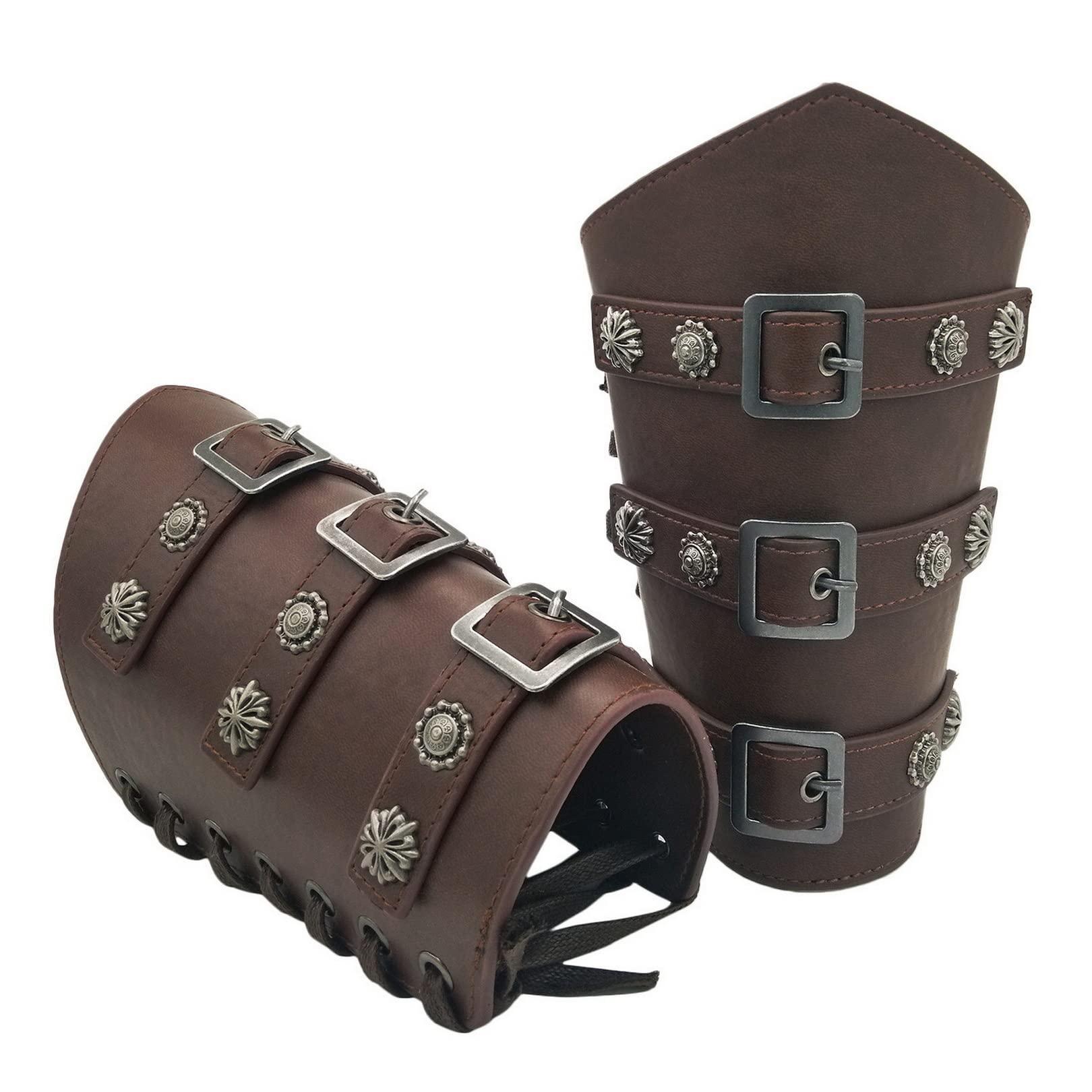 Thajaling Viking Renaissance Buckle Bracers, Nordic Leather Bracers, Brown Vintage Bracers, Medieval PU Leather Arm Bracers, Knight LARP Arm Guards for Men Women