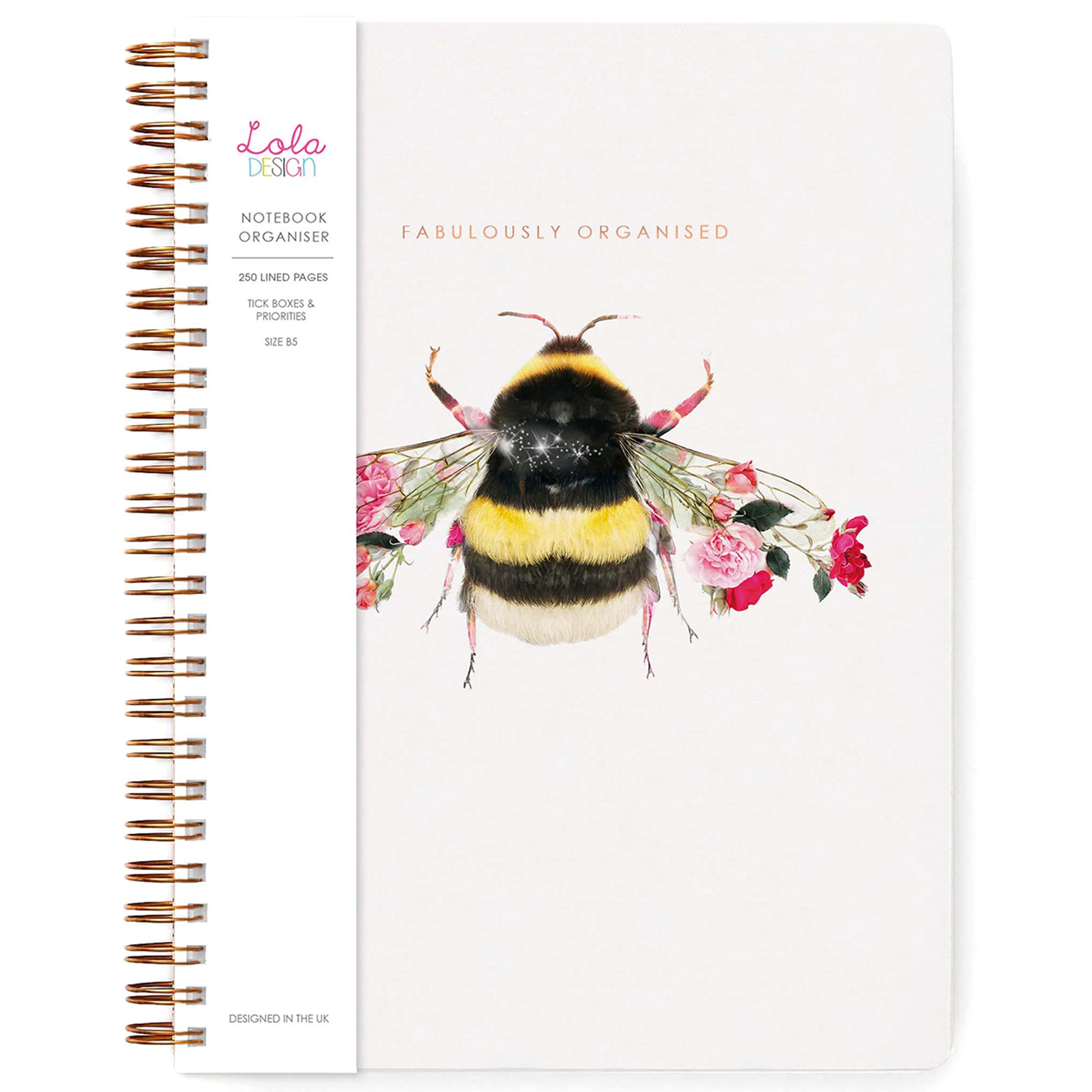 Lola Design - B5 Spiral Notebook Organiser, Botanical Bee Design - Planners & Journals - Wiro Bound Notebook with To-Do Lists & Priorities Section - 176x250mm, 250 Lined Pages — image 1