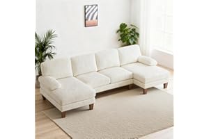 Karl home U-Shape Sectional Sofa Couch 111" Modern 4-Seat Sofa with Chaises Corduroy Fabric Upholstered Covertible Couch with Wood Grain Legs for Living Room, Reception Room, Apartment, Beige