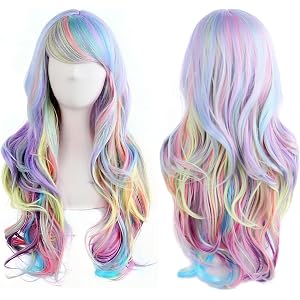 PORSMEER Rainbow Long Curly Wig, Multi Coloured Wavy Colorful Wigs, Heat Resistant Synthetic Hair for Women, for Cosplay Cost