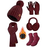 HEEKPEK Winter Beanie Hats Scarf Gloves Ear Muffs Fuzzy Socks 5pcs Set for Women Cold Weather Beanies Touch Screen Gloves