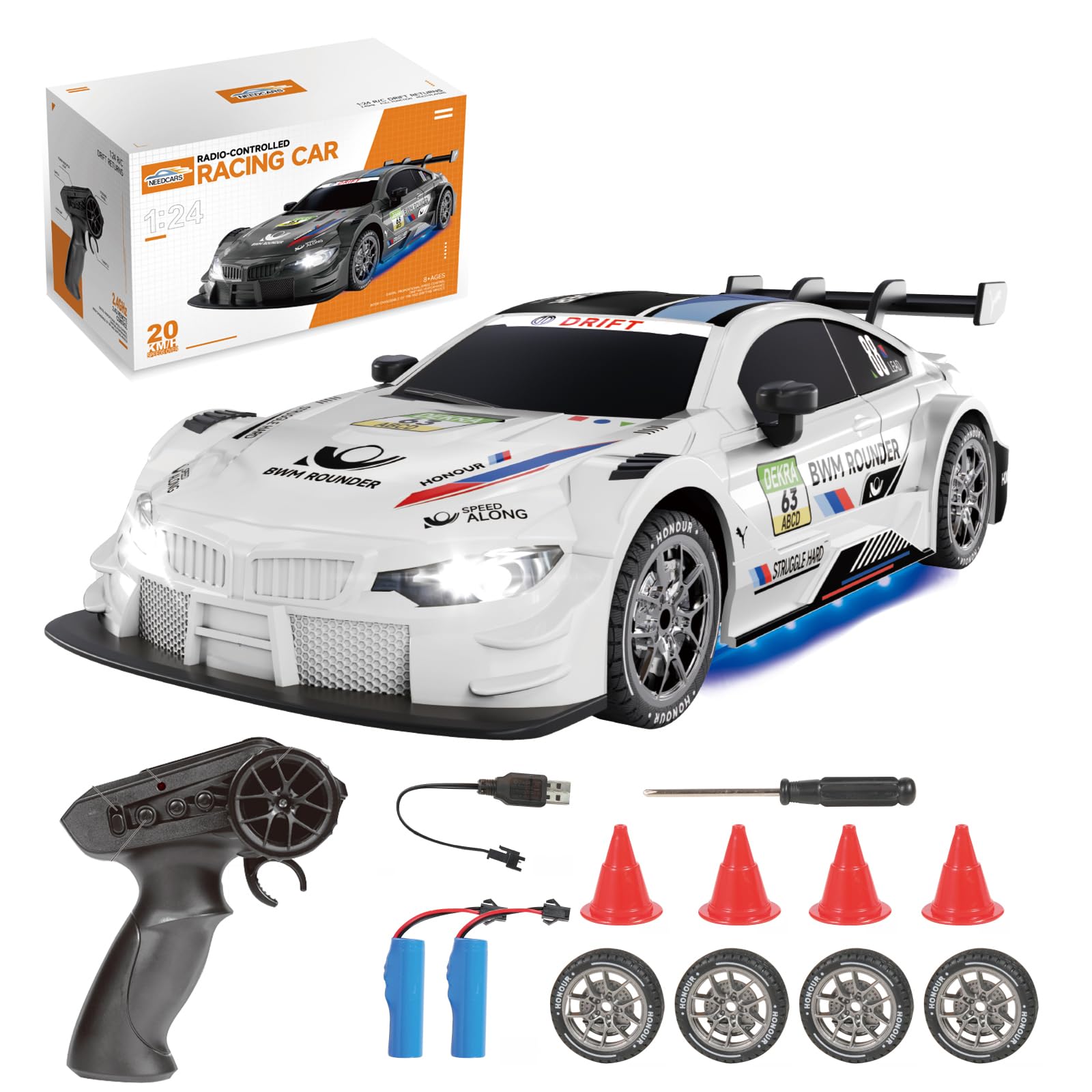 Aipinvip 1:24 RC Drift Car 4WD 20KM/H High Speed Remote Control Racing Cars with Two Rechargeable Batteries, LED Lights, Replaceable tires, Toy Gifts for Boys Girls Adults