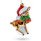 Reindeer with Santa Hat Glass Christmas Ornament