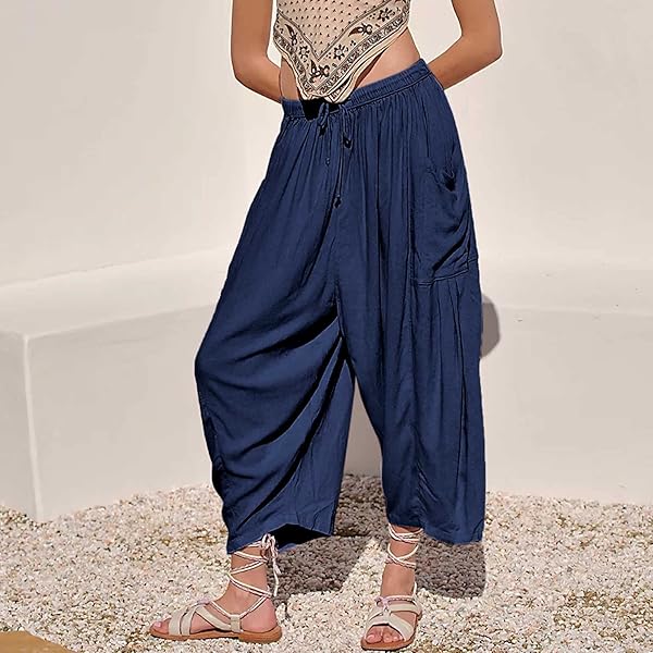 MALINFANDOR WOMEN’S OVERSIZED LOOSE PANTS COTTON LINEN WIDE LEG ELASTIC WAIST RELAX FIT BLOOMERS TROUSERS WITH POCKETS(DARK BLUE,M)