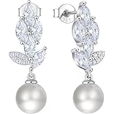 FATACI Bridal Women Wedding Earrings 925 Sterling Silver Leaf Pearl Dangle & Drop Earrings with 5A Cubic Zirconia for Brides Bridesmaids Proms Jewerly Gifts