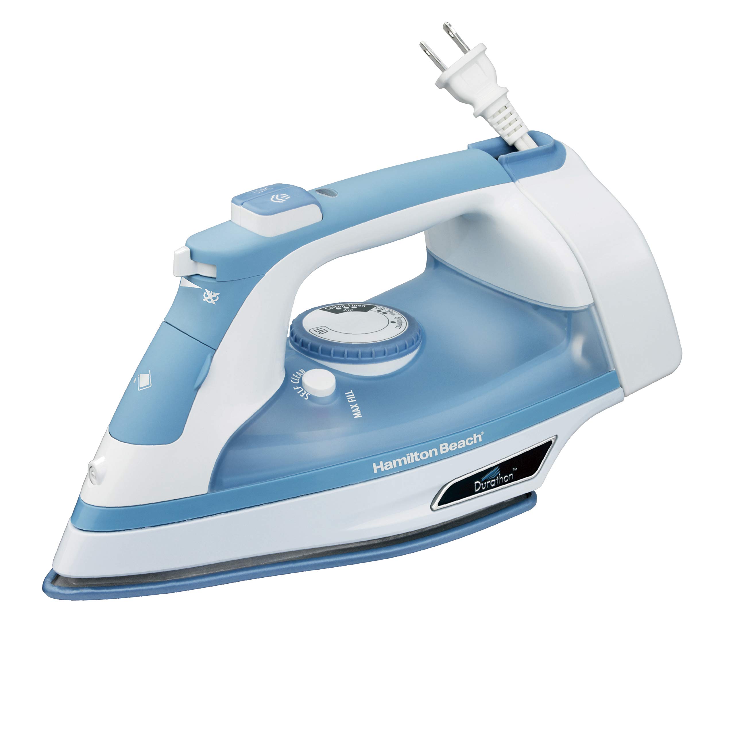 Photo 1 of Hamilton Beach Steam Iron & Vertical Steamer for Clothes with Scratch-Resistant Soleplate, Adjustable Steam Settings + 8’ Cord Wrap, 3-Way Auto Shutoff, Anti-Drip, Self-Cleaning, 1500 Watts, Blue