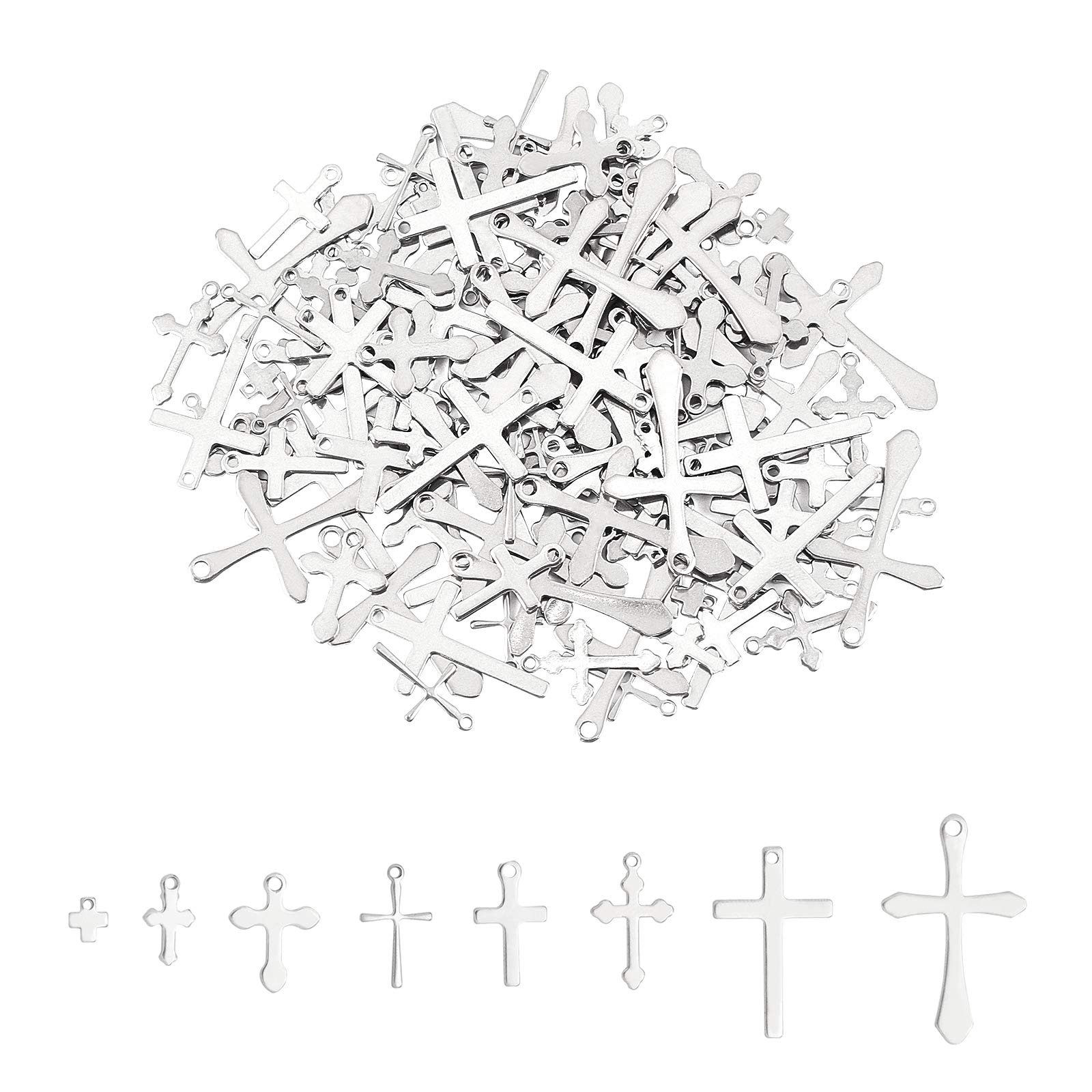 UNICRAFTALE 160pcs 8 Styles Cross Pattern Pendants 304 Stainless Steel Charms Silver Tones Small Hole Pendant Cross Pendant Accessories for Necklace Bracelets Jewelry Making, Stainless Steel Color