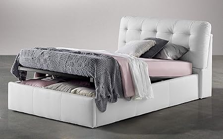 Letto Una Piazza E Mezza Con Contenitore Si Presenta Interamente Rivestitio In Similpelle Con La Testiera Imbottita In Stile Capitonné Sotto La Rete