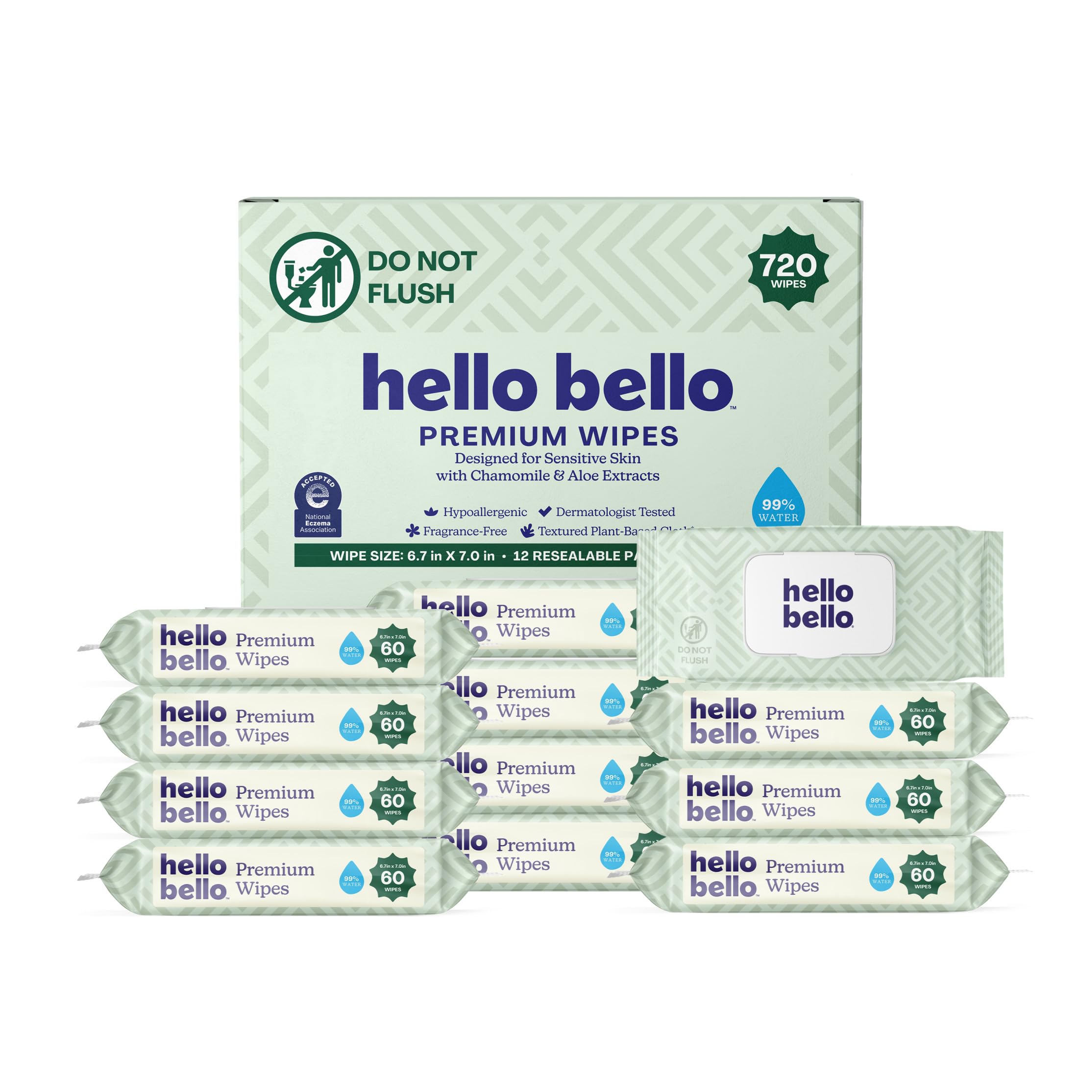 Hello Bello Premium Wipes, Designed for Sensitive Skin with Chamomile & Aloe Extracts, Simply Sage (12 Resealable Packets = 720 Total Wipes) Image