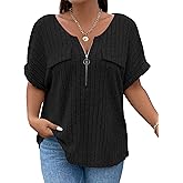 Veeiid Womens Plus Size Short Sleeve Zipper V Neck Tops Solid Color Tunic Shirts Summer 2XL-5XL
