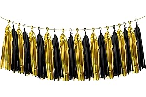 ZOOYOO Shiny Tassel Garland Tissue Paper Tassel Banner Table Decor,DIY Kits for Birthday,Wedding,Bridal Shower,Bachelorette,Graduation,Anniversary,New Year Party Decorations,Pack of 20(Black Gold)