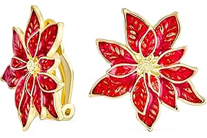 BLING JEWELRY Large Statement Flower Holiday Party White Red Enamel Poinsettia Brooch Clip On Earrings Scarf Pin Jewelry Set For Women Silver Gold Plated