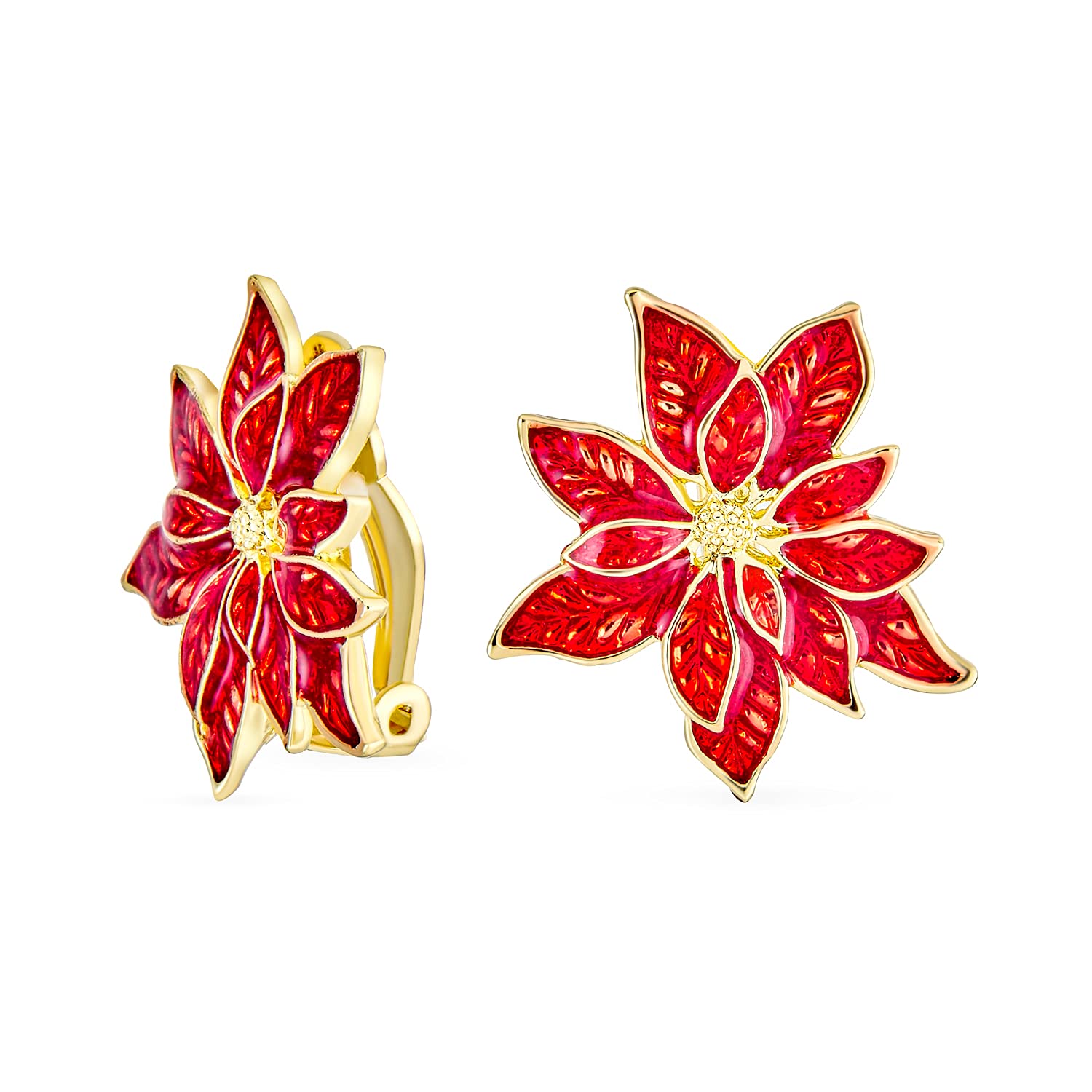 Christmas Party Red Enamel Statement Flower Shape Poinsettia Clip On Earrings for Women with Non-Pierced Ears Gold Plated — image 1