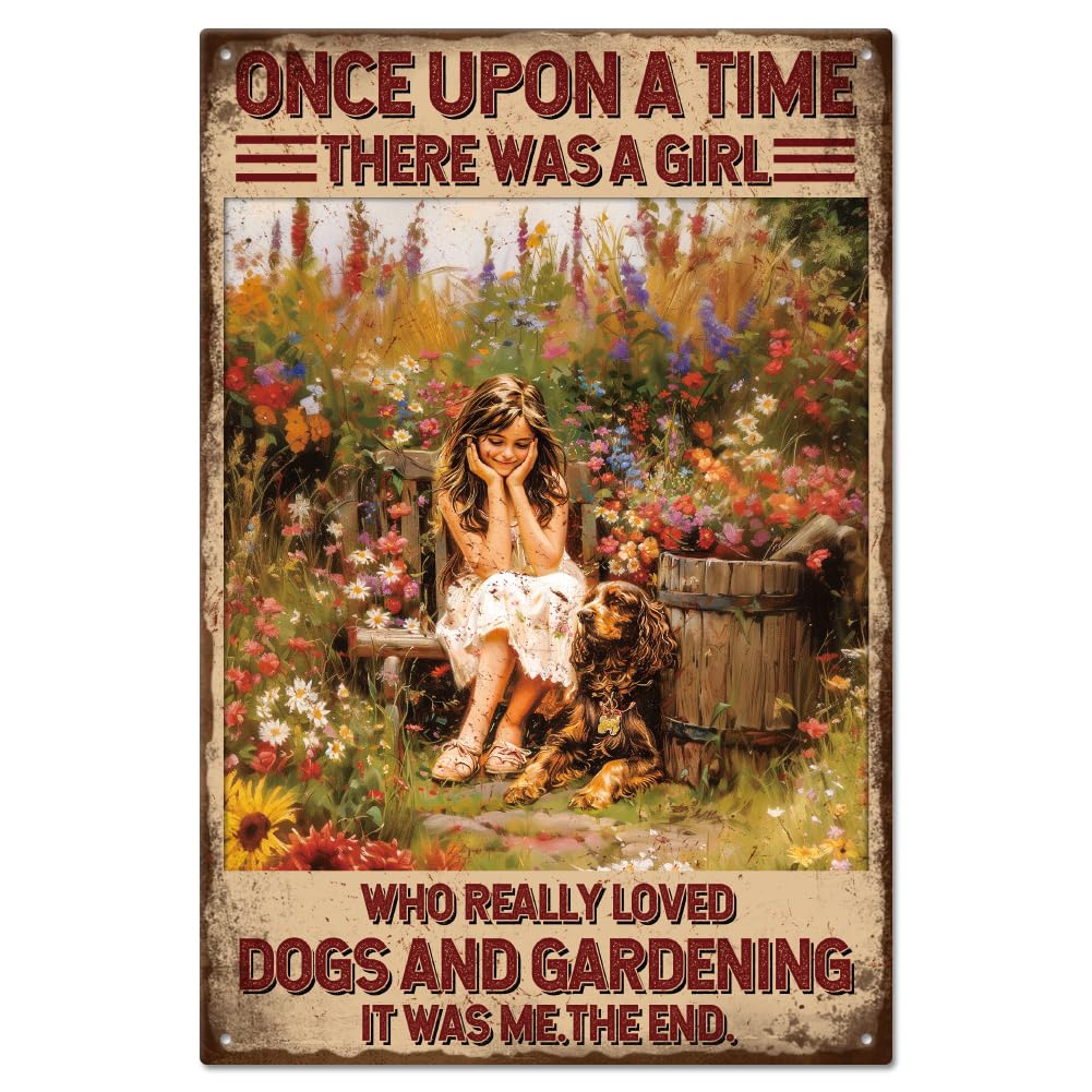 GLOBLELAND Vintage Garden Metal Tin Sign 8×12inch Retro Loves Dogs and Gardening Tin Room Door Sign Tin Painting Art Plaque Poster Wall Decor for Home Living Room Garden Decoration