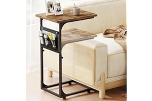 Fixwal C Shaped End Table Adjustable Height Side Table for Couch, TV Tray with Storage Bag Slide Under Sofa Small Tables for Living Room, Bedroom & Office, Rustic Brown