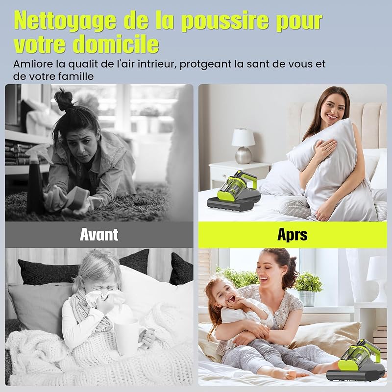HYCHIKA Aspirateur Anti-Acariens 16 kPa, Lumière UV-C, Chauffage à 60 °C